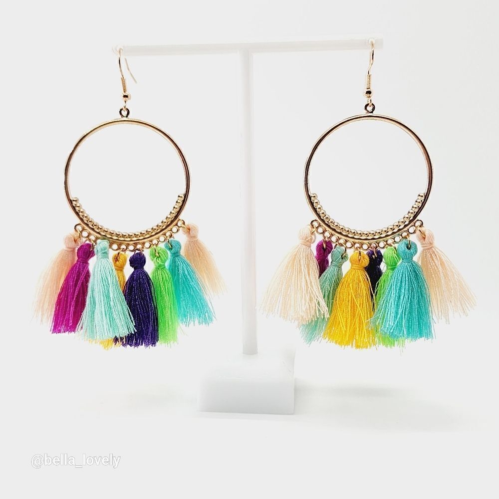Vacation Rainbow Multicolor Boho Drop Dangle Hoop Earrings Tassels Jewelry